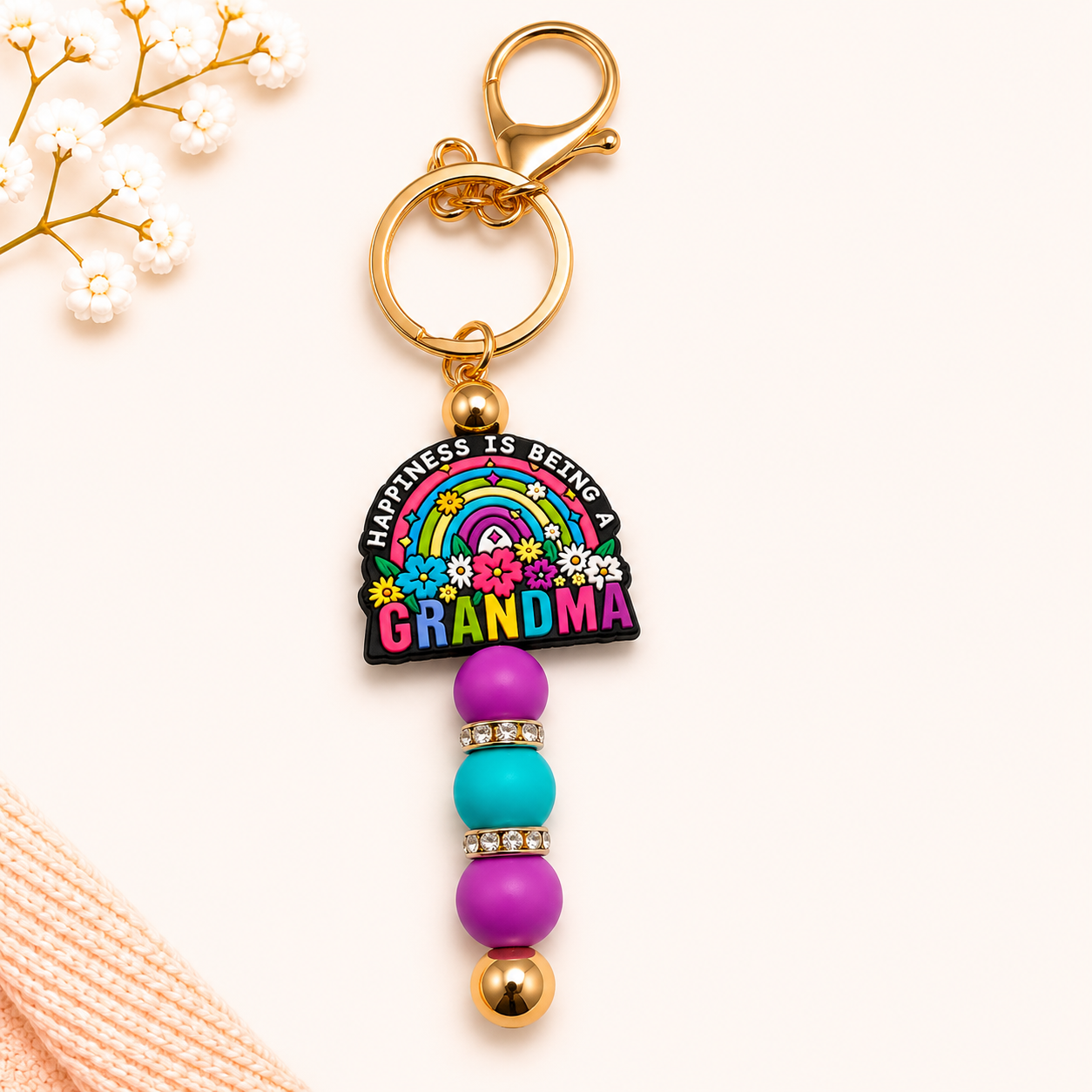 Happiness is Being a Grandma Beaded Keychain