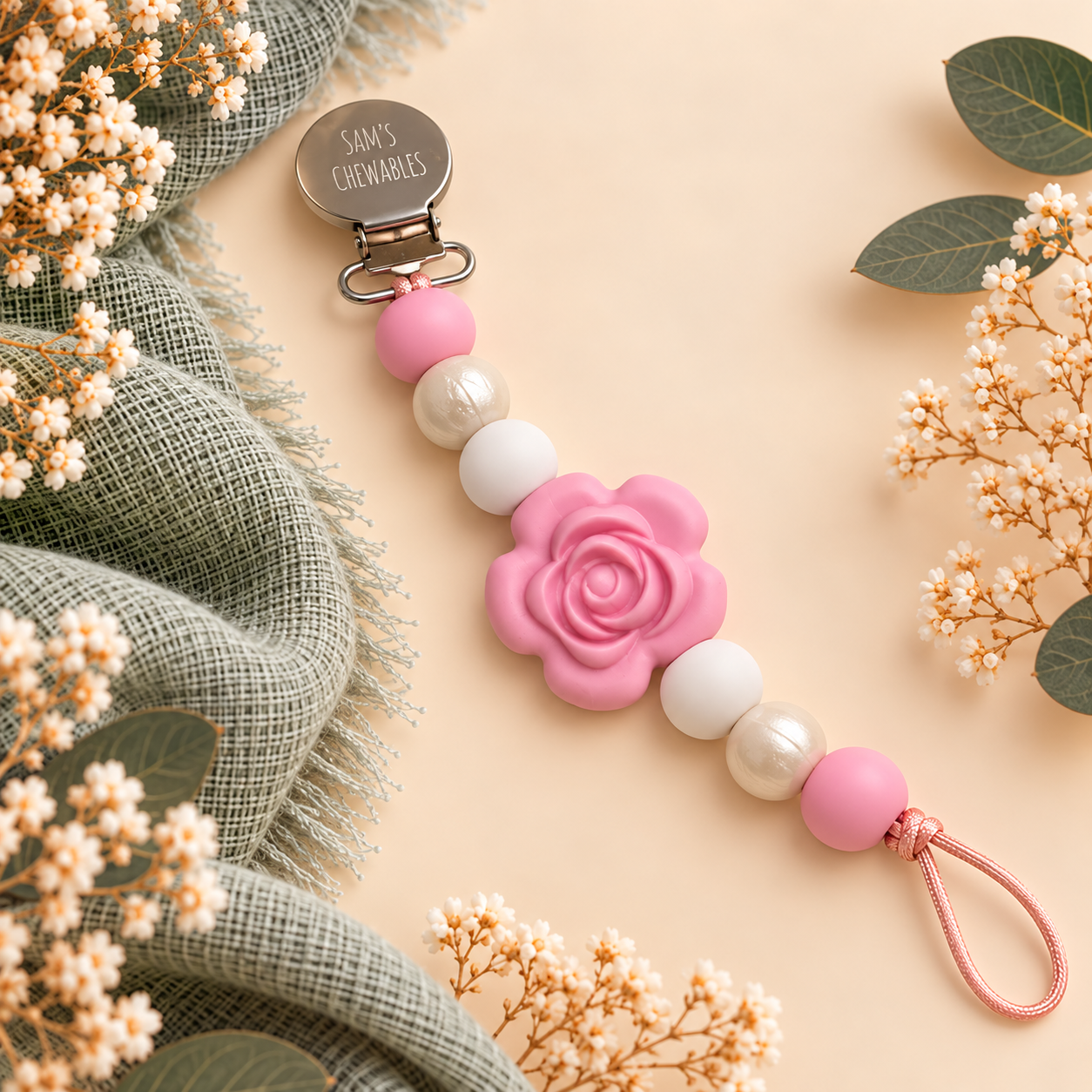 Pink Flower Soother Clip