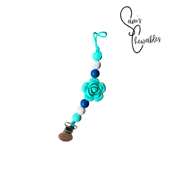 Teal Flower Soother Clip